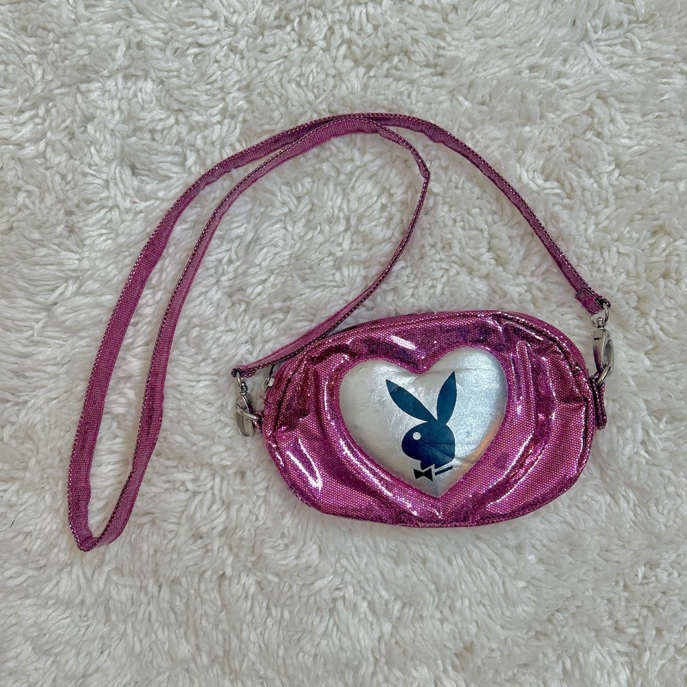 ☆ Rare Y2k Playboy Bunny Pink Glitter Metalic Heart Baguette Crossbody Handbag ☆